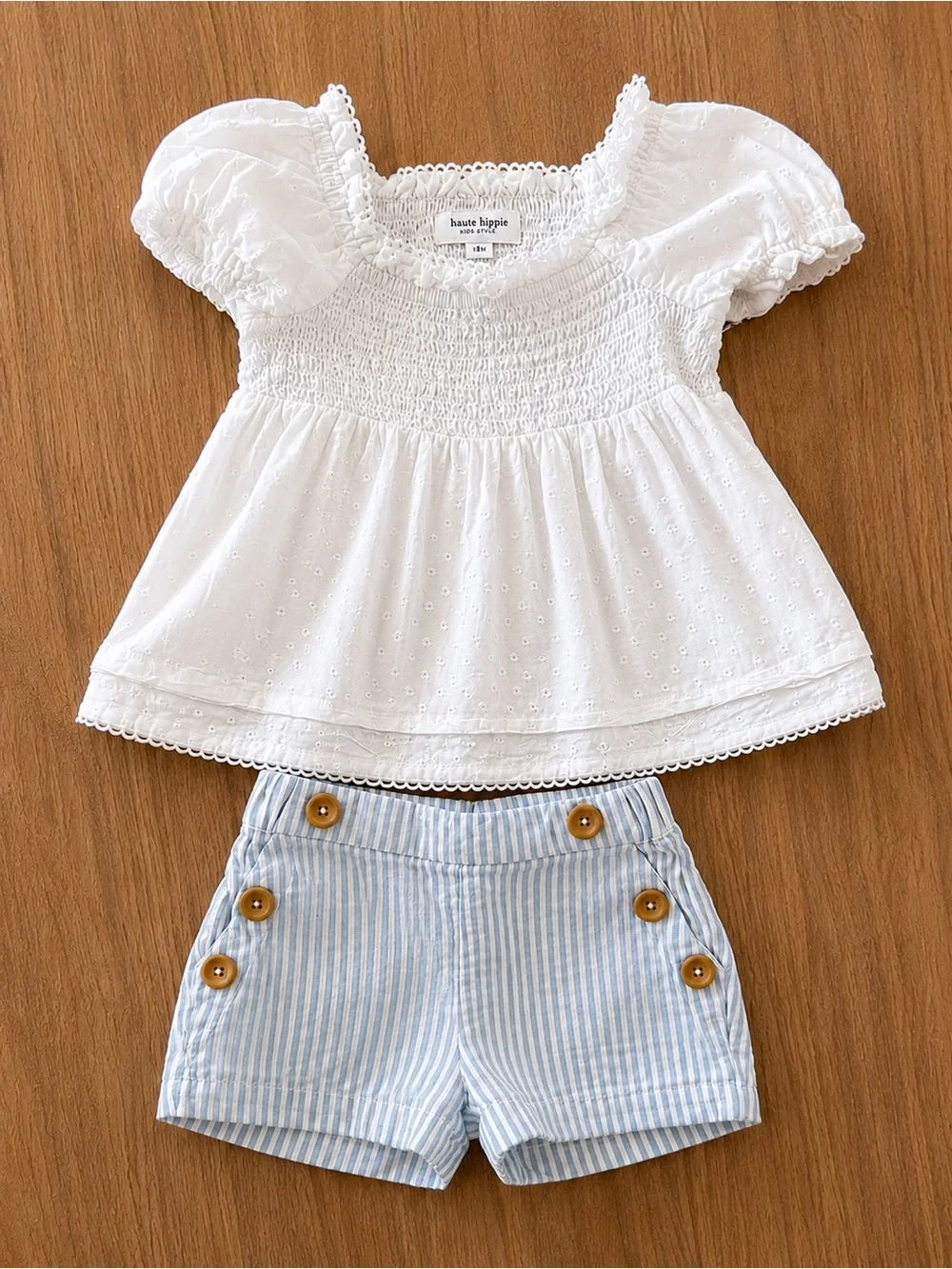 Haute Hippie Baby Girls Smocked Eyelet Top & Linen Blend Shorts Set 12M 18M